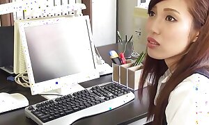 Japanese brunette office little one Yura Hitomi cock sucked and dildo effectuation in office uncensored.
