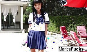 Schoolgirl Marica walks look over the home before